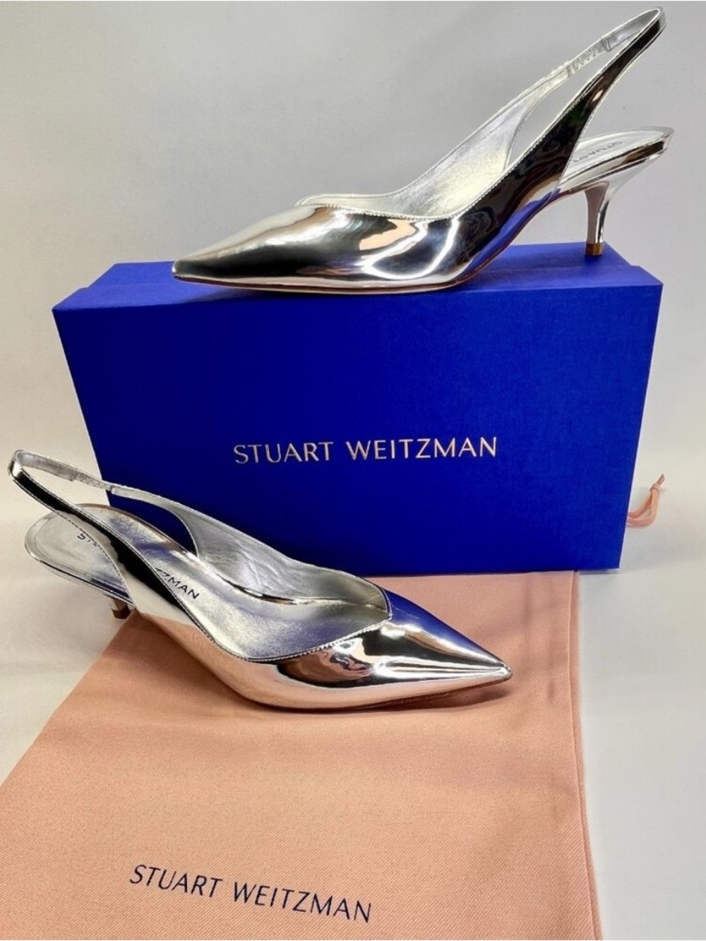 Stuart Weitzman Eva 50 Metallic Silver Slingback Pointed Kitten Heels